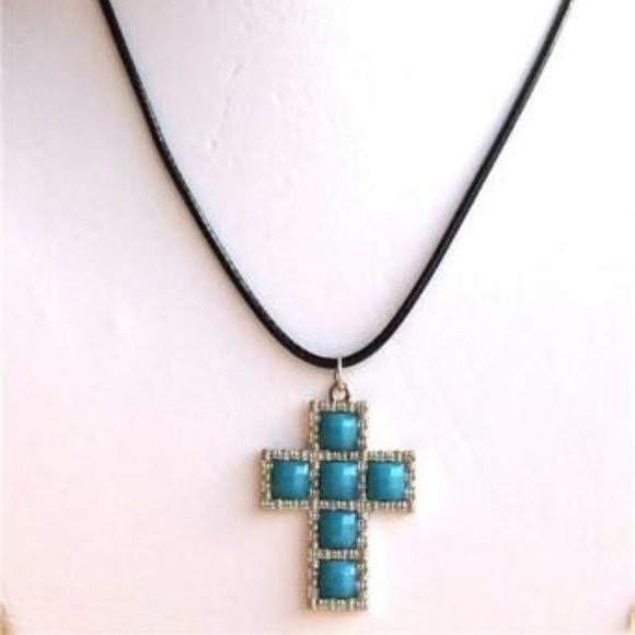 Aqua Turquoise Cross Necklace Southwestern Country Western Silver Tone Simulated - Picture 2 of 8